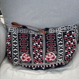 Navy and Red Patterned Shoulder Bag with Floral Design